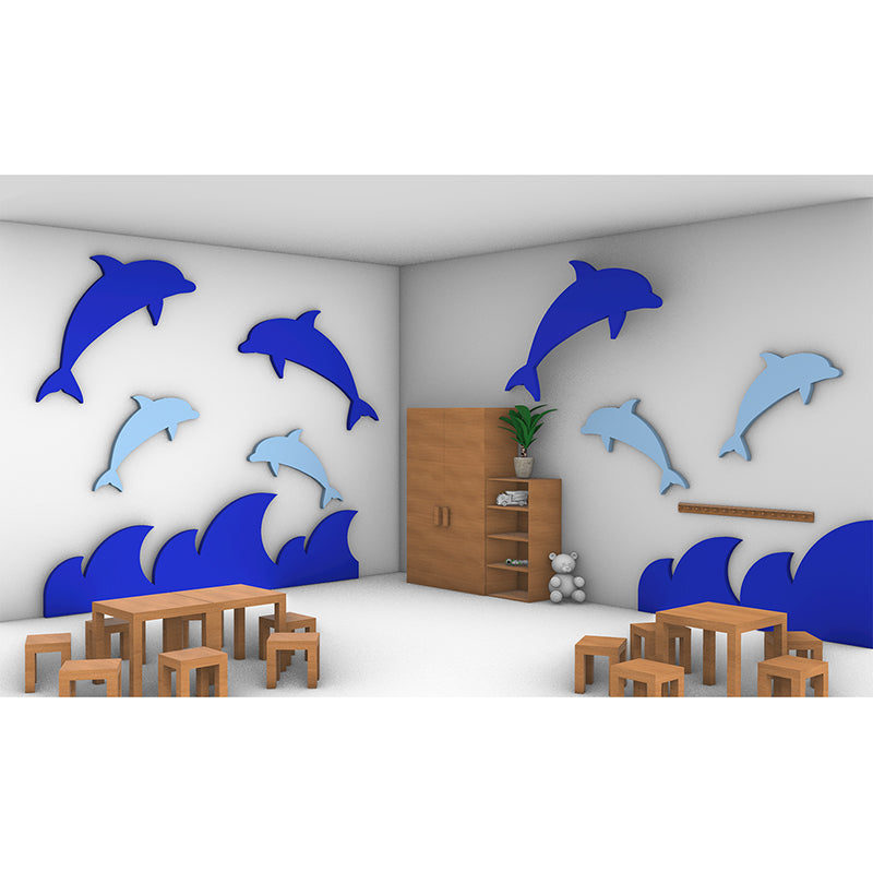 3D Ansicht eines fiktiven Raums in dem das Absorber Set Delfinfamilie dargestellt ist.