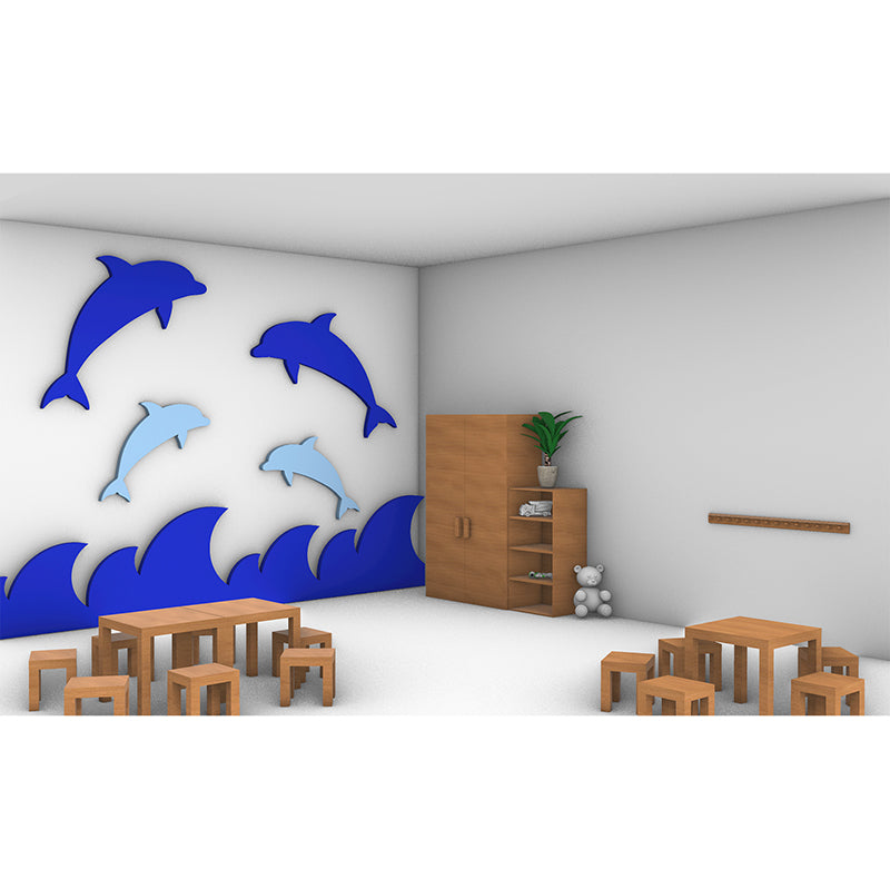 3D Ansicht eines fiktiven Raums in dem das Absorber Set Delfinfamilie dargestellt ist.