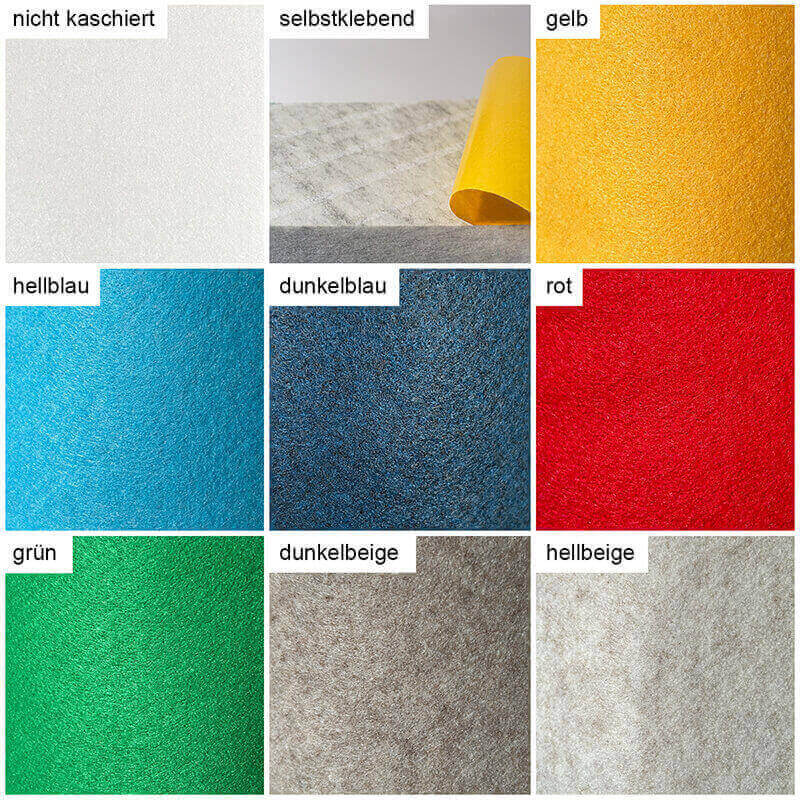 Farbkarte der standardmäßig vorhandenen Kaschierfarben. Unkaschiertes PET Vlies und die selbstklebende Fläche sind ebenfalls auf der Farbkarte mit aufgeführt.