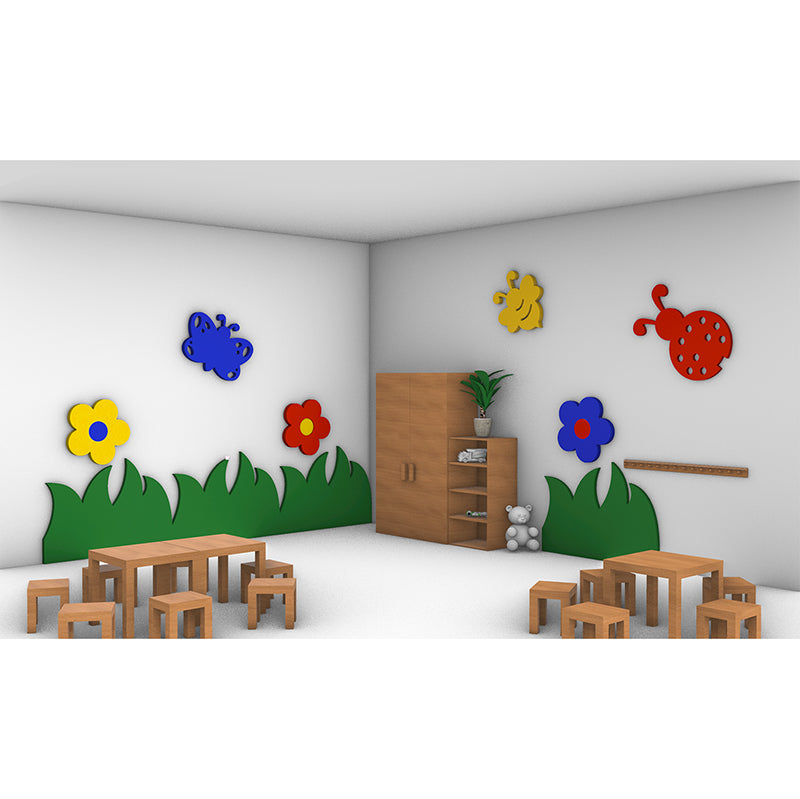 3D Ansicht eines fiktiven Raums in dem das Absorber Set Frühlingswiese dargestellt ist.