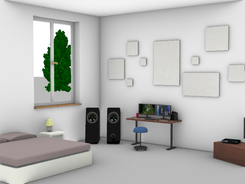 Fiktive, 3D Raum Darstellung eines Jugendzimmers mit rechteckigen Schallabsorbern an der Wand.
