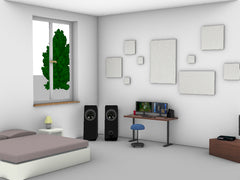 Fiktive, 3D Raum Darstellung eines Jugendzimmers mit rechteckigen Schallabsorbern an der Wand.
