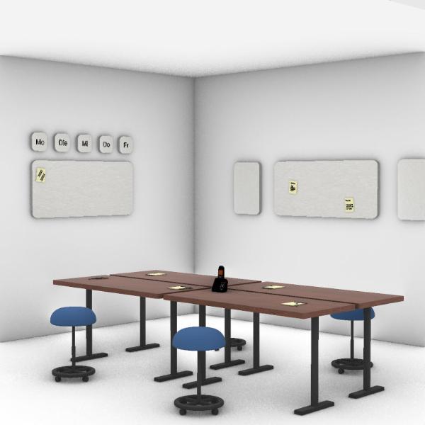 3D Ansicht eines Büros in dem schallabsorbierende Pinnwände in verschiedenen Größen an der Wand hängen.